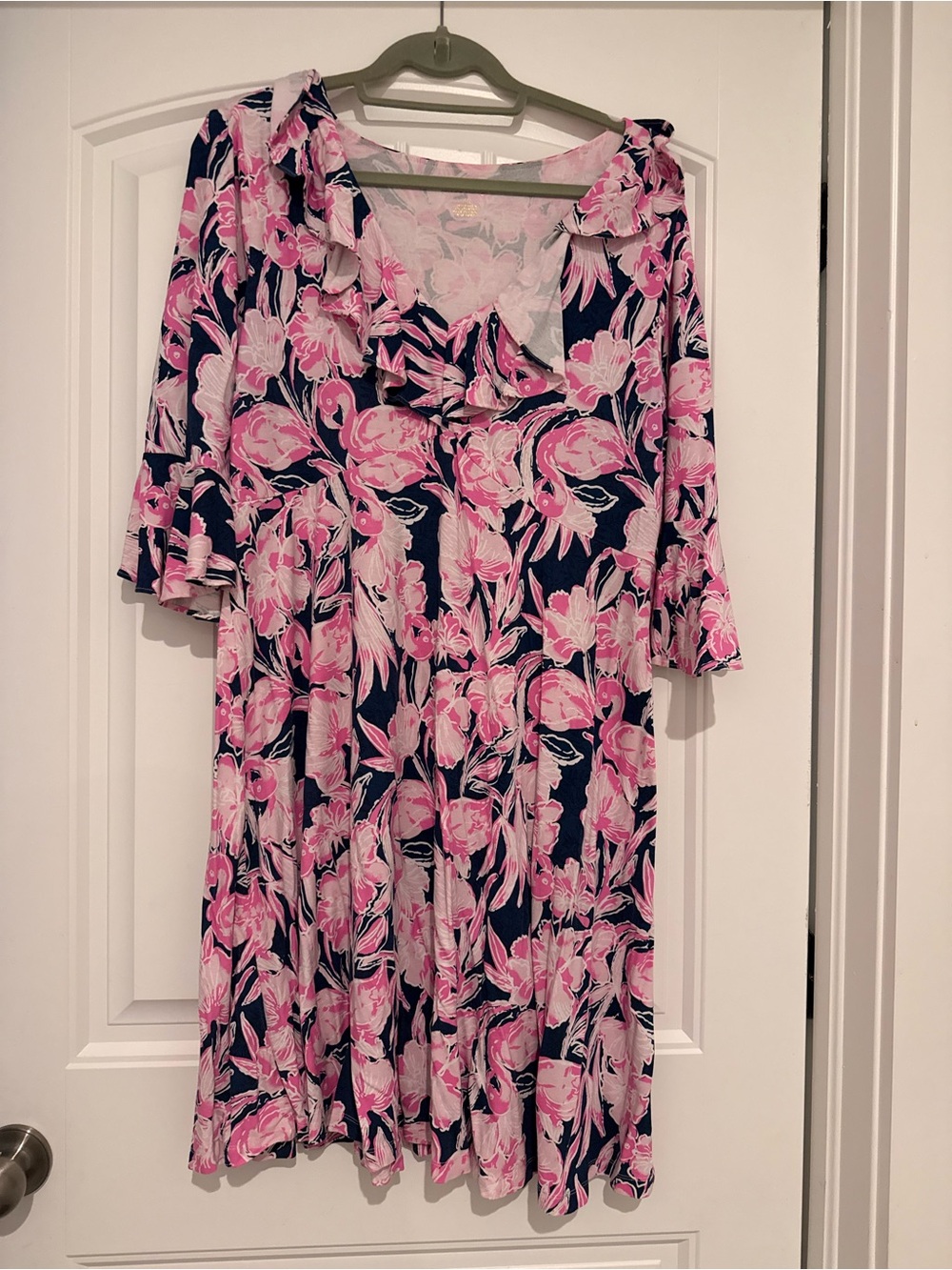 Lilly Pulitzer Navy and Pink Floral Ruffle-Trim Midi Dress